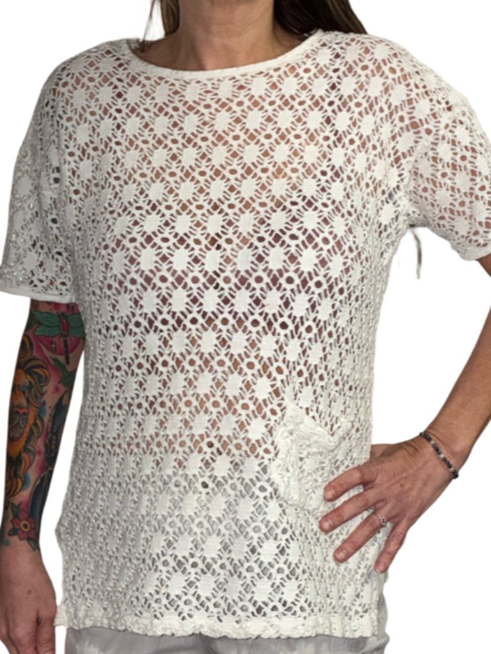 Sz.M*Wear Abouts*White Open-Knit Cover-up T-shirt